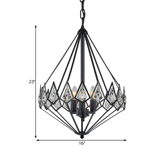 Modern 3-Head Diamond Suspension Pendant Chandelier With Crystal-Encrusted Metallic Finish Black