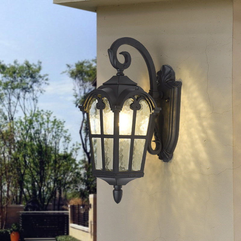 10/14 1-Light Water Glass Wall Lamp Farmhouse Black/Brass Lantern With Curvy Arm - Doorway Lighting