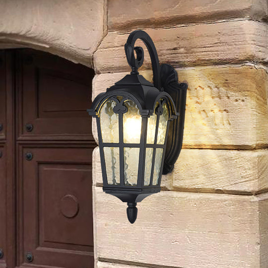 10/14 1-Light Water Glass Wall Lamp Farmhouse Black/Brass Lantern With Curvy Arm - Doorway Lighting