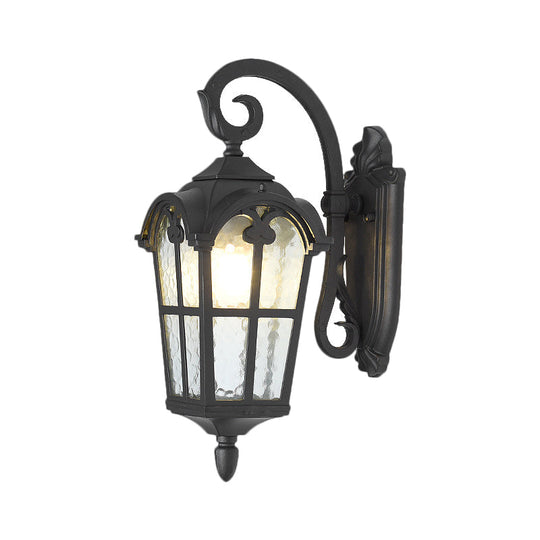 10/14 1-Light Water Glass Wall Lamp Farmhouse Black/Brass Lantern With Curvy Arm - Doorway Lighting