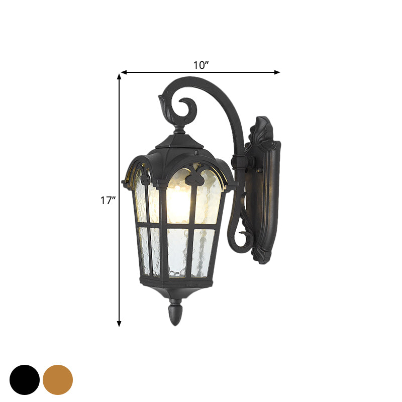 10/14 1-Light Water Glass Wall Lamp Farmhouse Black/Brass Lantern With Curvy Arm - Doorway Lighting