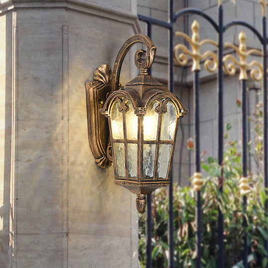 10/14 1-Light Water Glass Wall Lamp Farmhouse Black/Brass Lantern With Curvy Arm - Doorway Lighting