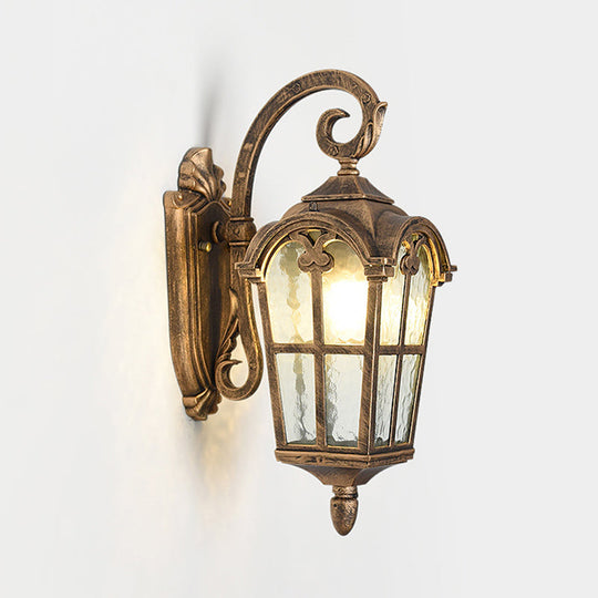 10/14 1-Light Water Glass Wall Lamp Farmhouse Black/Brass Lantern With Curvy Arm - Doorway Lighting