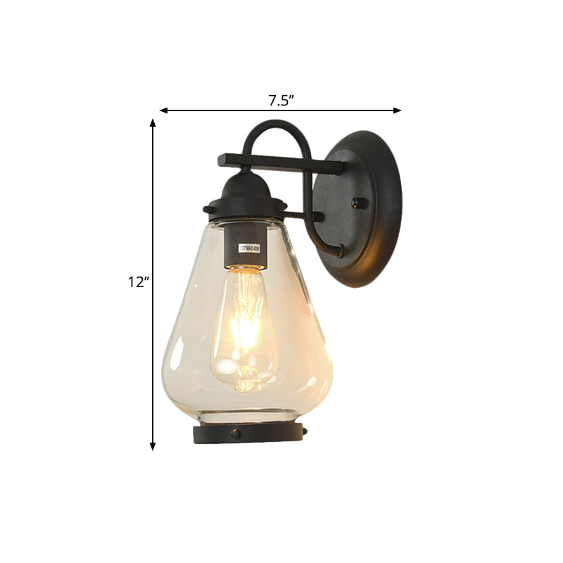 Rustic Cone Wall Mount Lighting - 1-Light Transparent Glass Lamp In Black