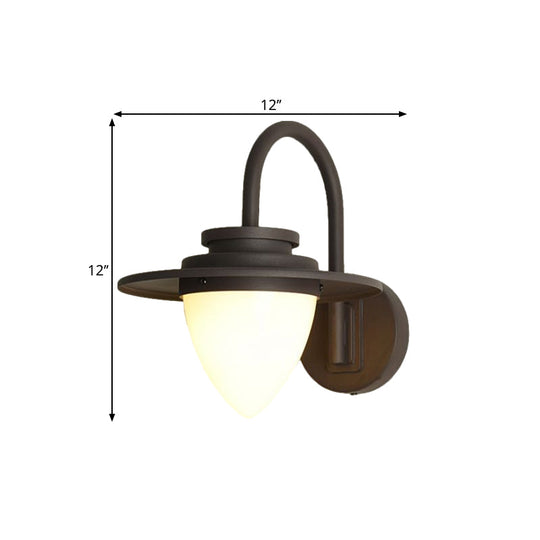 Conic Lodge Wall Lamp: Antique White Glass 1 Bulb Black/Dark Coffee Round Shade