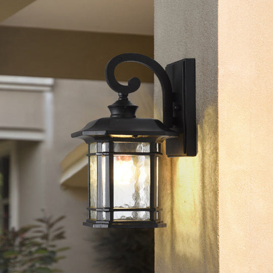 Rustic Water Glass Lantern Wall Mount Light - 8.5/10.5 Width Black/Brass Doorway Lamp