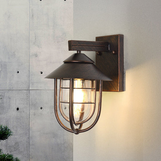 Nautical Outdoor Wall Light With Clear Glass And Metallic Cage - Black 1-Head Mount Lamp