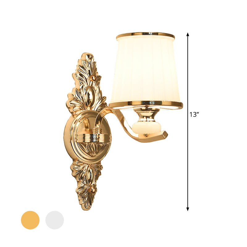 Traditional Cone Bedroom Wall Light Fixture With White Glass & Carved Chrome/Gold Backplate