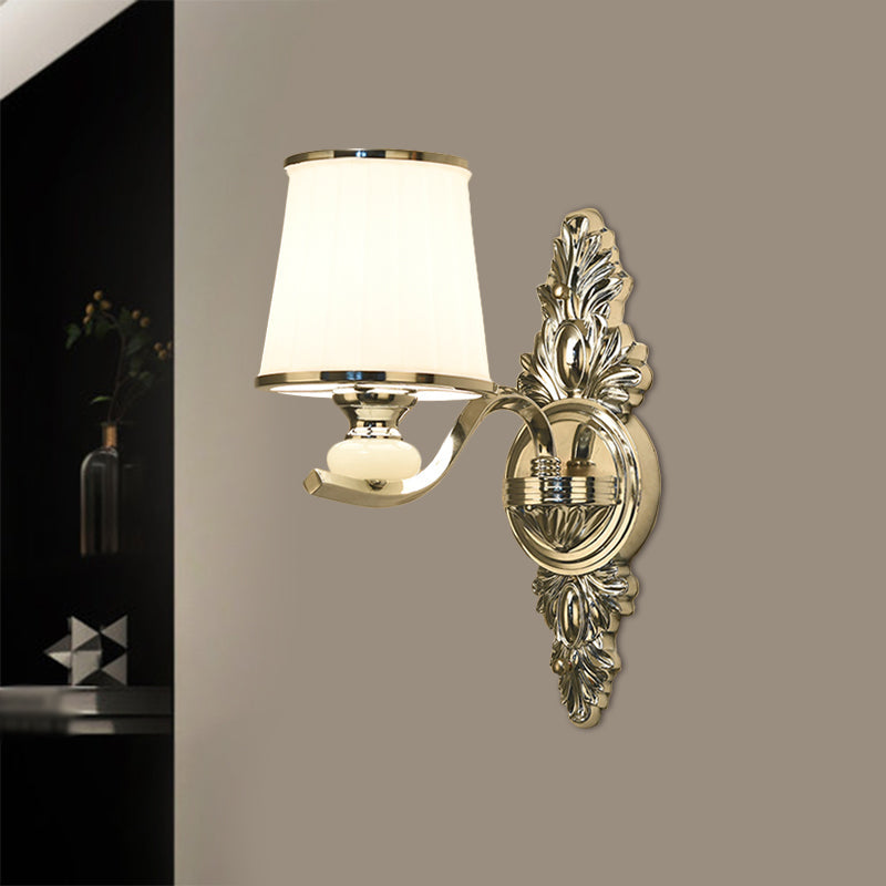 Traditional Cone Bedroom Wall Light Fixture With White Glass & Carved Chrome/Gold Backplate