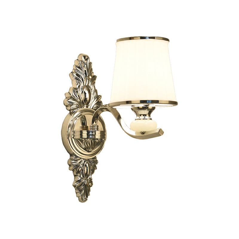 Traditional Cone Bedroom Wall Light Fixture With White Glass & Carved Chrome/Gold Backplate