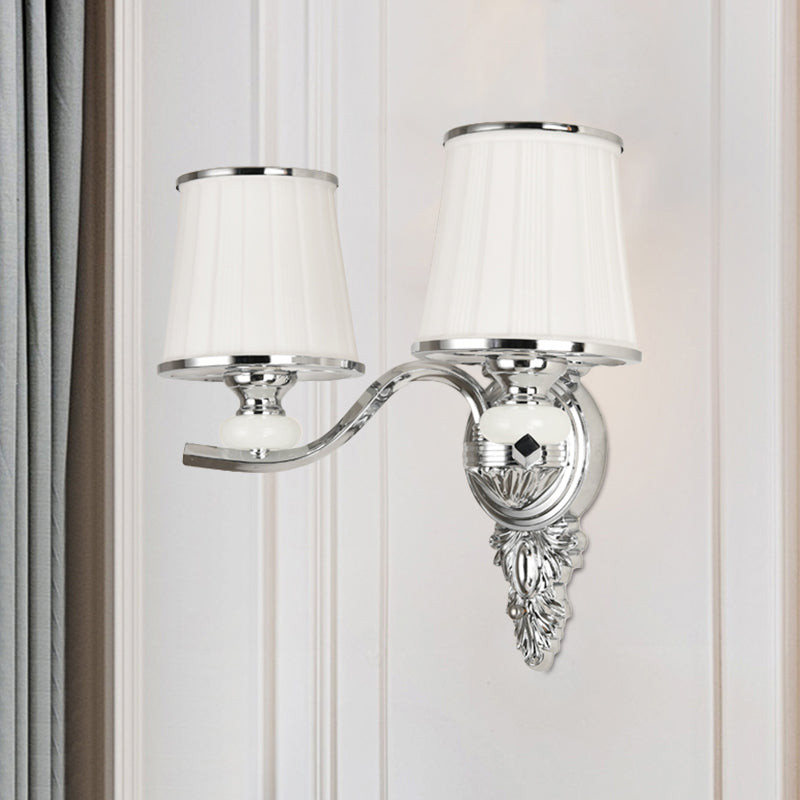 Traditional Cone Bedroom Wall Light Fixture With White Glass & Carved Chrome/Gold Backplate