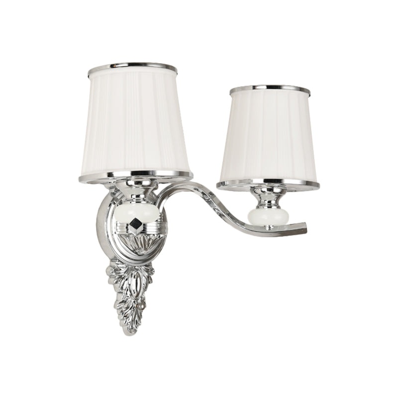 Traditional Cone Bedroom Wall Light Fixture With White Glass & Carved Chrome/Gold Backplate