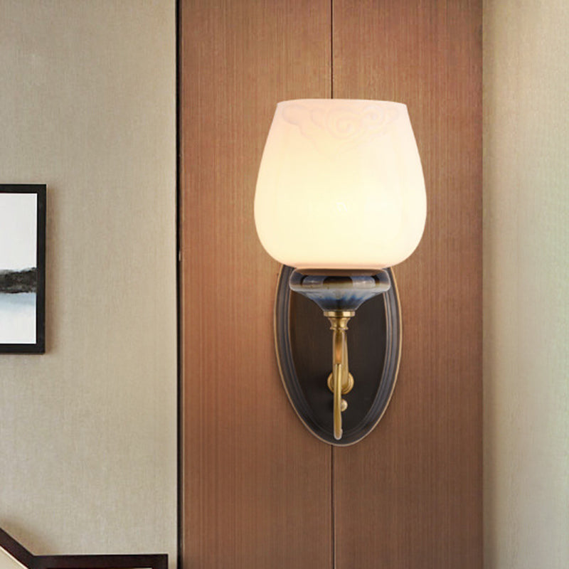 Milky Glass Brass Sconce: Traditional 1-Light Wall Fixture For Living Room