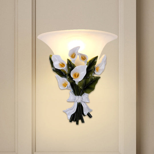 White Bell Glass Flower Wall Sconce With Resin Fixture & 1 Bulb