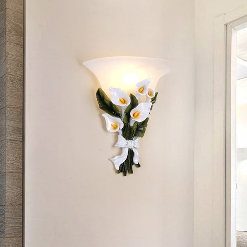 White Bell Glass Flower Wall Sconce With Resin Fixture & 1 Bulb