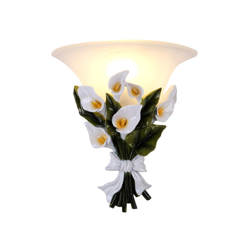 White Bell Glass Flower Wall Sconce With Resin Fixture & 1 Bulb