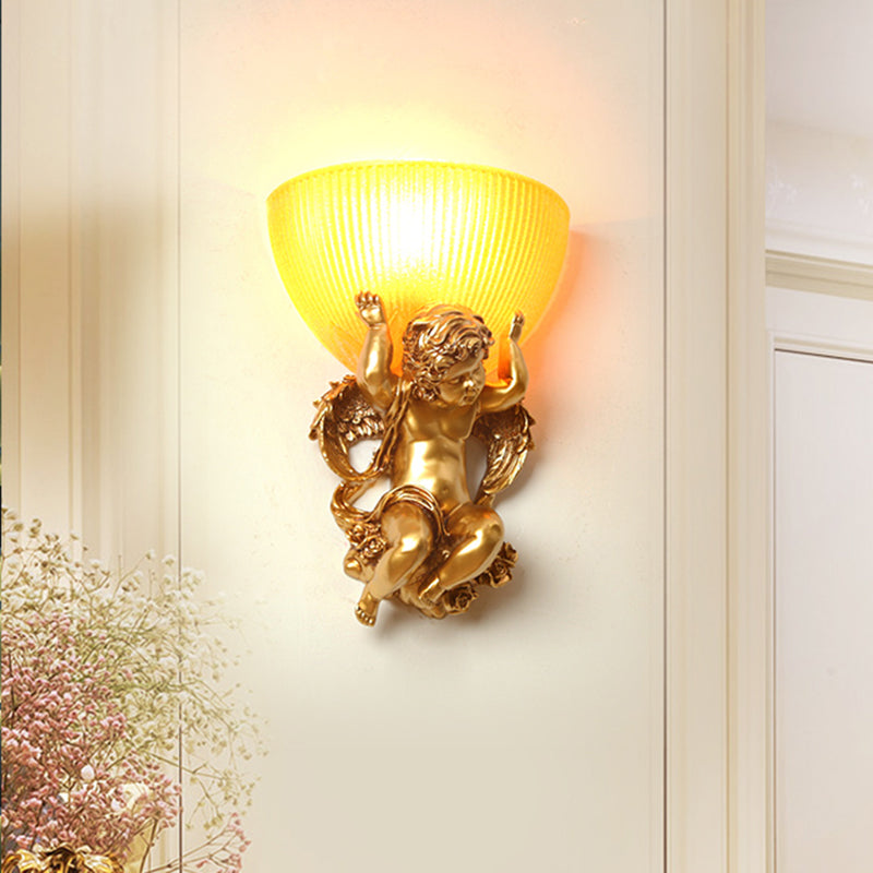 White/Gold Resin Angel Wall Light Sconce With Frosted Ribbed Glass Shade Gold