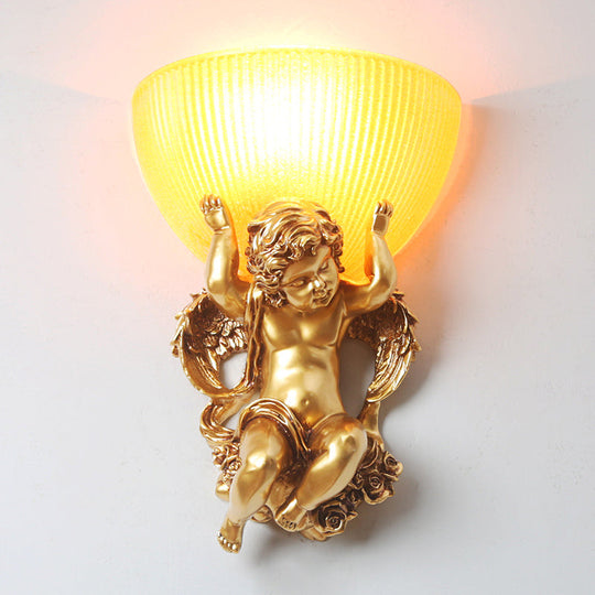 White/Gold Resin Angel Wall Light Sconce With Frosted Ribbed Glass Shade