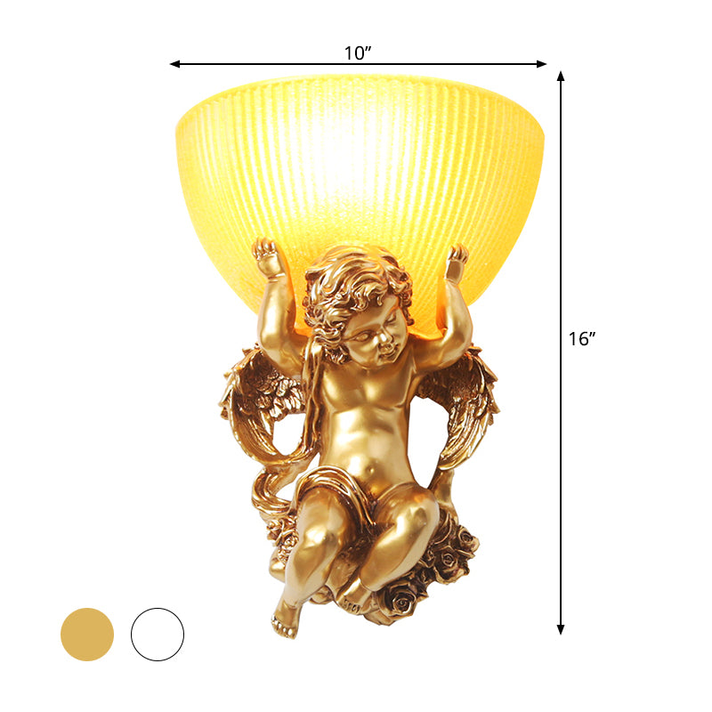 White/Gold Resin Angel Wall Light Sconce With Frosted Ribbed Glass Shade