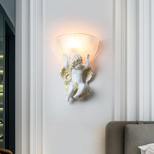 White/Gold Resin Angel Wall Light Sconce With Frosted Ribbed Glass Shade