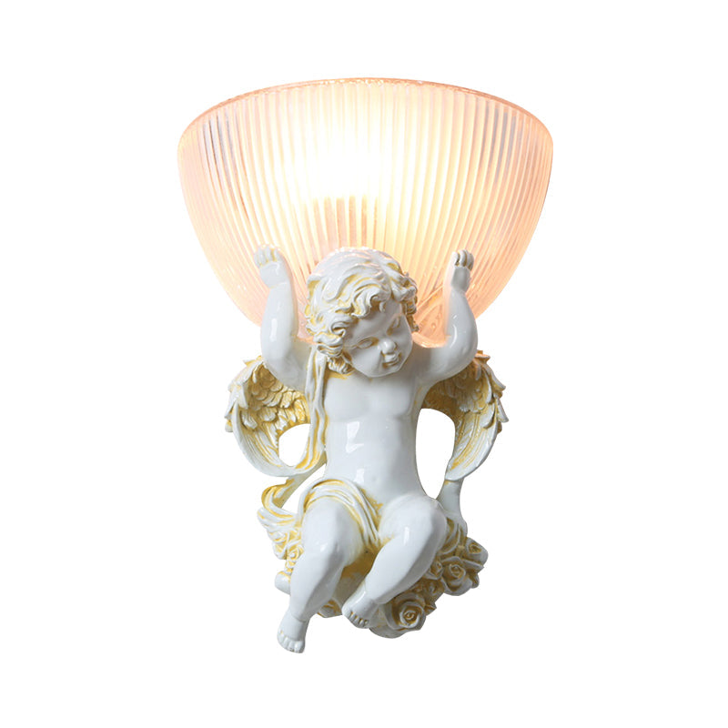 White/Gold Resin Angel Wall Light Sconce With Frosted Ribbed Glass Shade