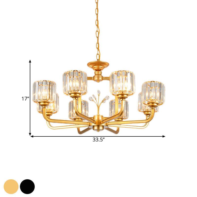 Modern 6/8-Bulb Chandelier In Black/Gold With Crystal Prisms Shade For Living Room Suspension