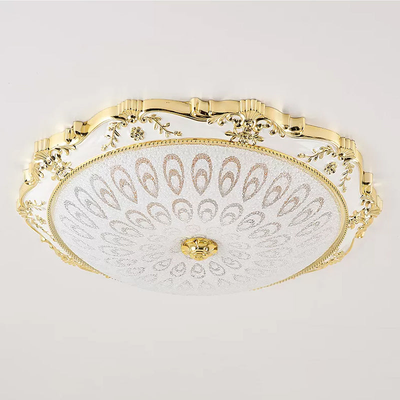 LED Round Ceiling Flush - Traditional White and Gold Flush Mount Lighting with Milky Glass Print