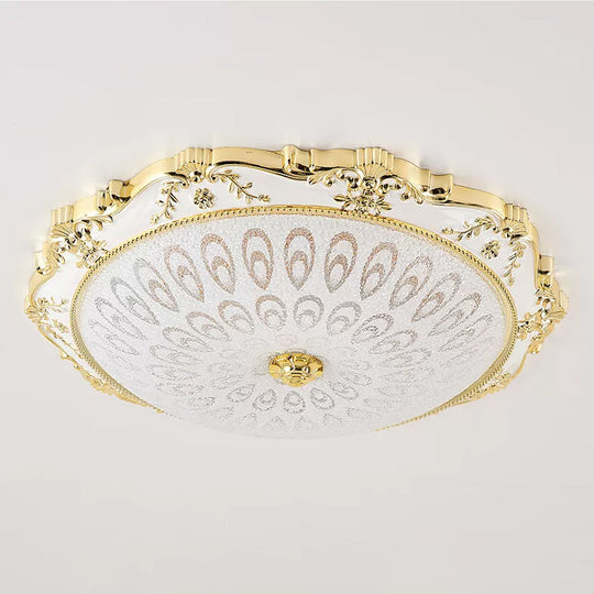 LED Round Ceiling Flush - Traditional White and Gold Flush Mount Lighting with Milky Glass Print