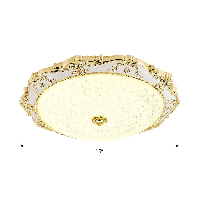 LED Round Ceiling Flush - Traditional White and Gold Flush Mount Lighting with Milky Glass Print