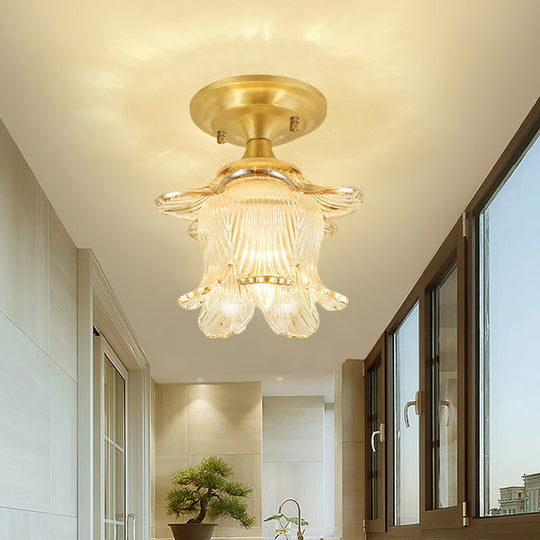 Gold Ribbed Glass Ceiling Mounted Fixture: Classic Blossom Semi Flush with 1-Bulb