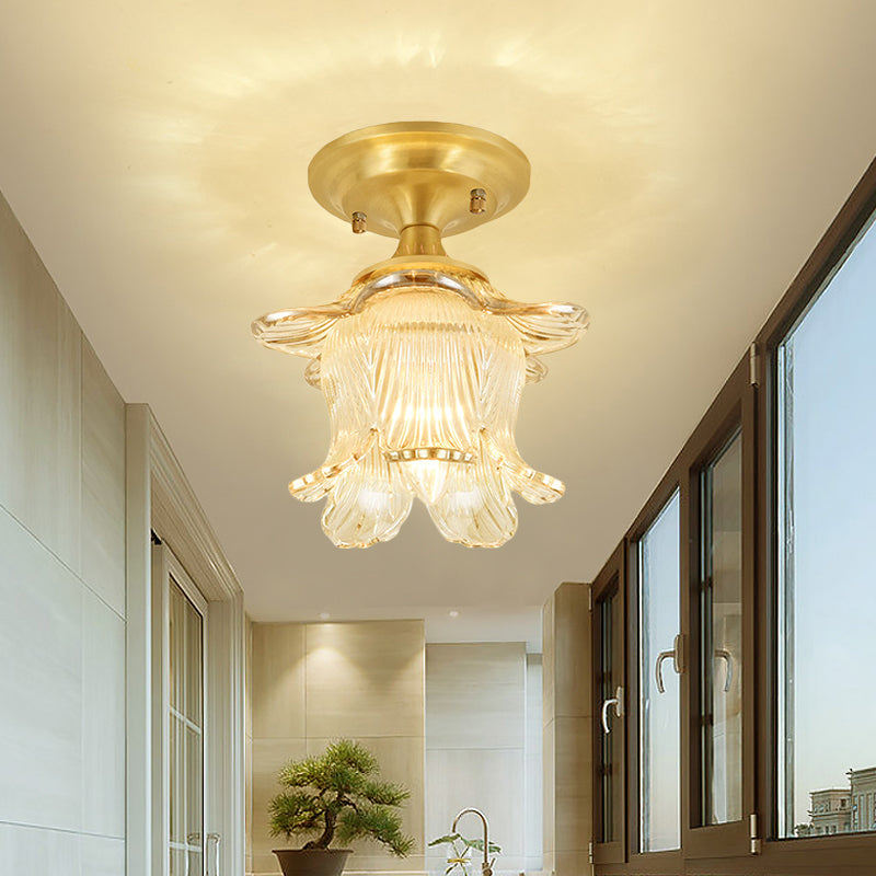 Gold Ribbed Glass Ceiling Mounted Fixture: Classic Blossom Semi Flush With 1-Bulb