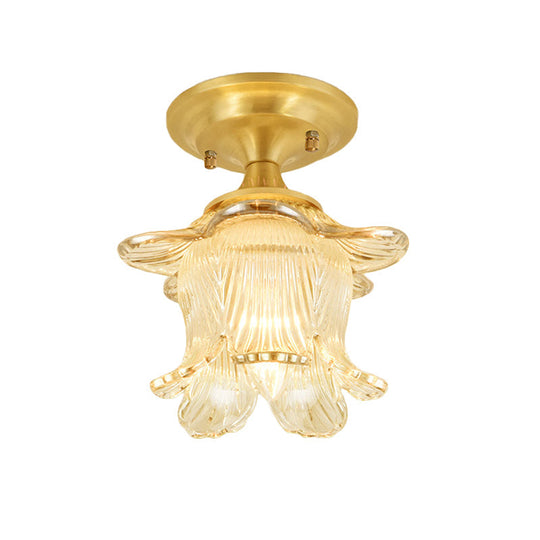 Gold Ribbed Glass Ceiling Mounted Fixture: Classic Blossom Semi Flush with 1-Bulb