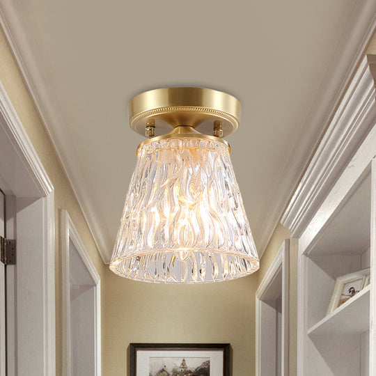 Brass 1-Light Semi Flush Mount With Clear Ripple/Fluted Glass Cone For Living Room Ceiling /