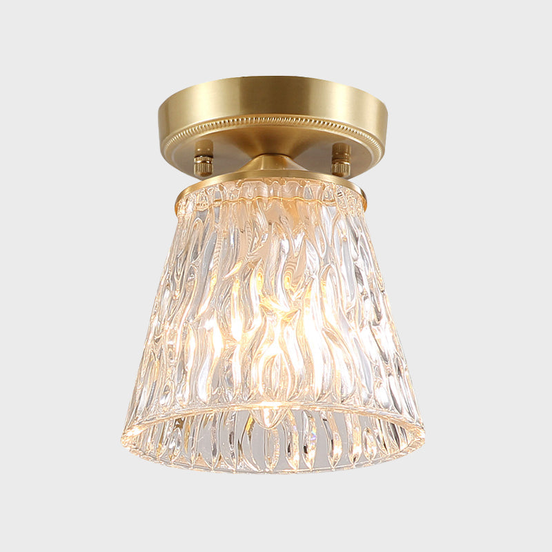 Brass 1-Light Semi Flush Mount with Clear Ripple/Fluted Glass Cone/Flower Design for Living Room Ceiling