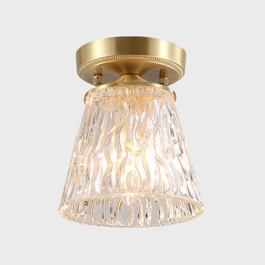 Brass 1-Light Semi Flush Mount with Clear Ripple/Fluted Glass Cone/Flower Design for Living Room Ceiling