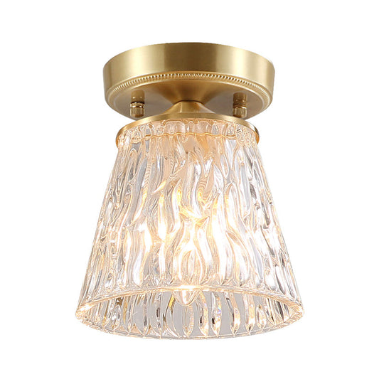 Brass 1-Light Semi Flush Mount with Clear Ripple/Fluted Glass Cone/Flower Design for Living Room Ceiling