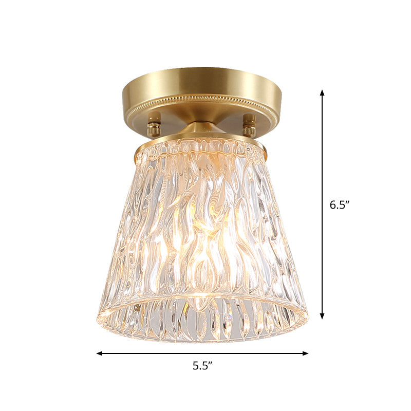 Brass 1-Light Semi Flush Mount with Clear Ripple/Fluted Glass Cone/Flower Design for Living Room Ceiling