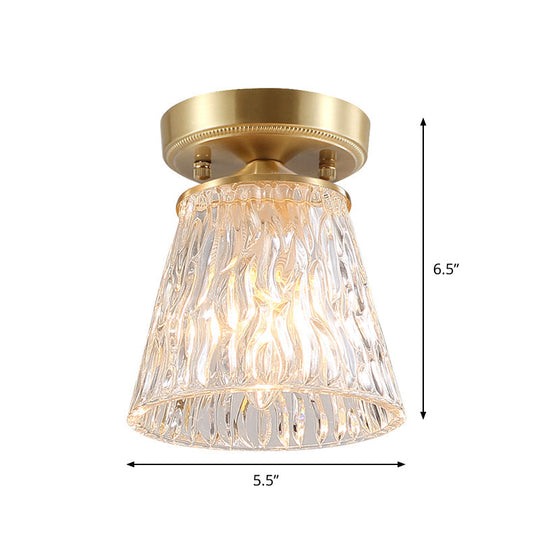 Brass 1-Light Semi Flush Mount With Clear Ripple/Fluted Glass Cone For Living Room Ceiling