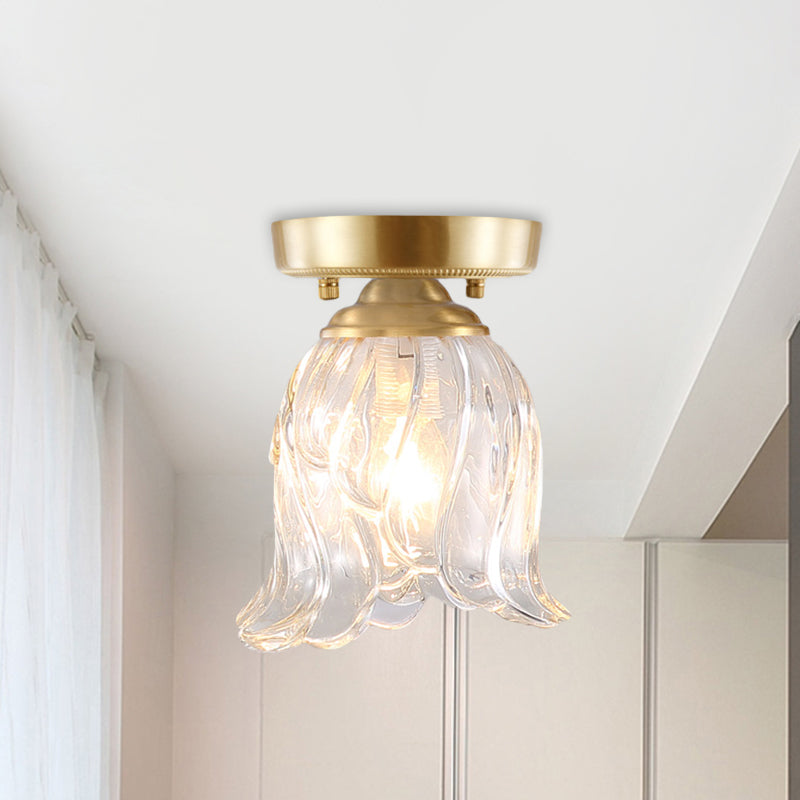 Brass 1-Light Semi Flush Mount with Clear Ripple/Fluted Glass Cone/Flower Design for Living Room Ceiling