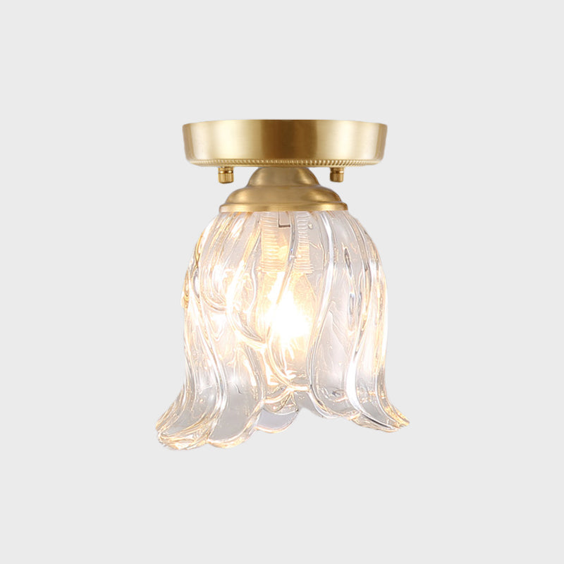 Brass 1-Light Semi Flush Mount with Clear Ripple/Fluted Glass Cone/Flower Design for Living Room Ceiling