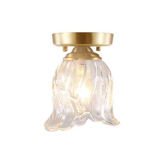 Brass 1-Light Semi Flush Mount with Clear Ripple/Fluted Glass Cone/Flower Design for Living Room Ceiling