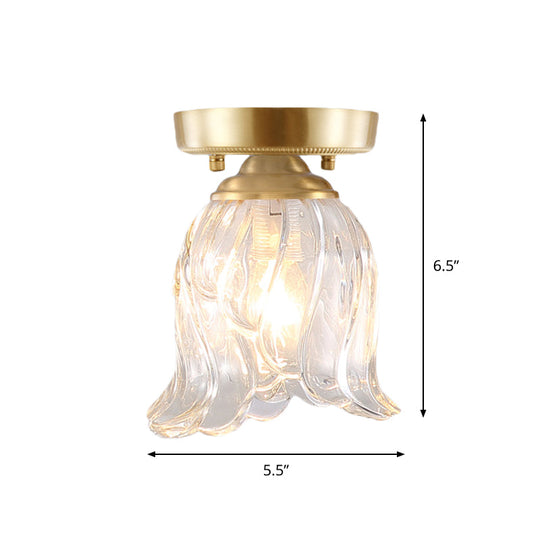 Brass 1-Light Semi Flush Mount With Clear Ripple/Fluted Glass Cone For Living Room Ceiling