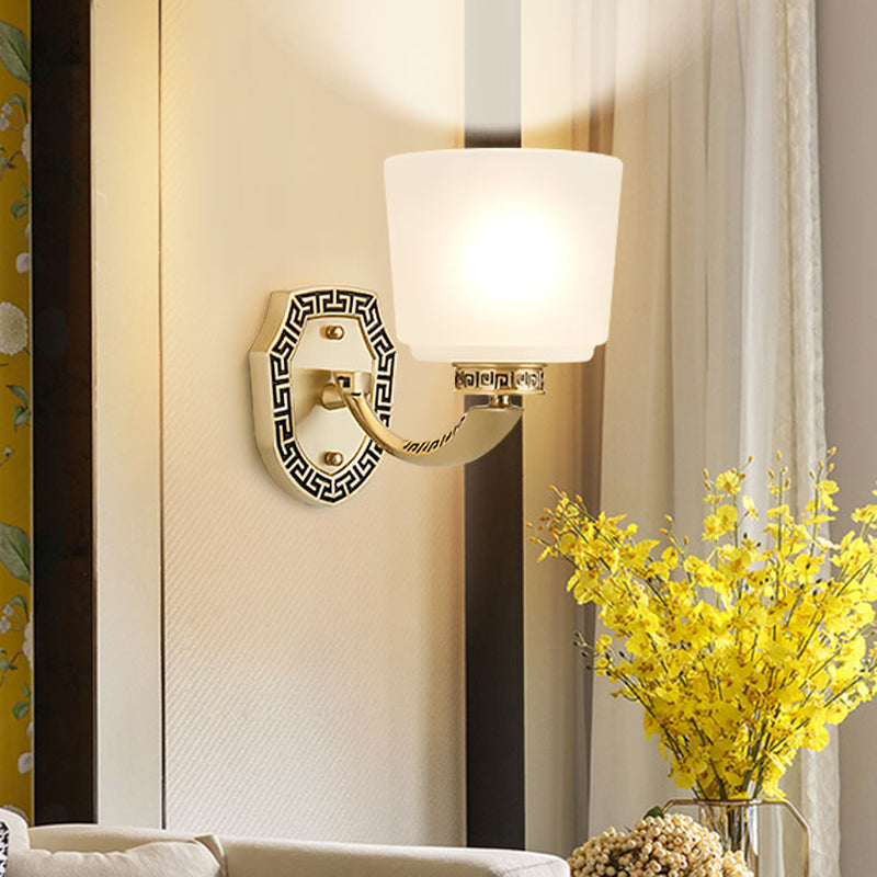 Retro Opal Glass Wall Mounted Lamp - Cylinder Sconce Light With Single Brass Head For Sitting Room