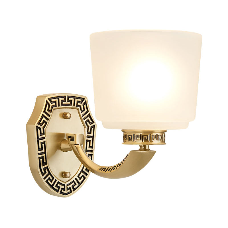 Retro Opal Glass Wall Mounted Lamp - Cylinder Sconce Light With Single Brass Head For Sitting Room