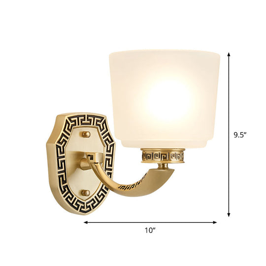 Retro Opal Glass Wall Mounted Lamp - Cylinder Sconce Light With Single Brass Head For Sitting Room