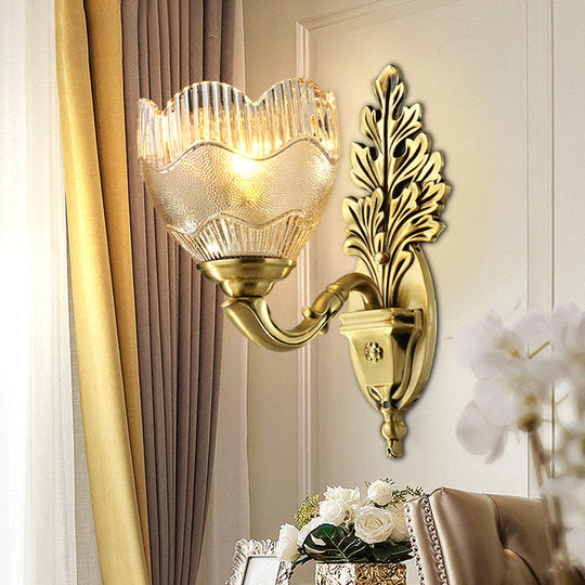 Antique Clear Ribbed Glass Flower Bud Wall Sconce With Gold Finish - Elegant Lighting Idea