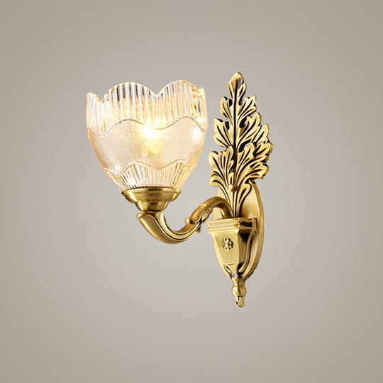 Antique Clear Ribbed Glass Flower Bud Wall Sconce With Gold Finish - Elegant Lighting Idea