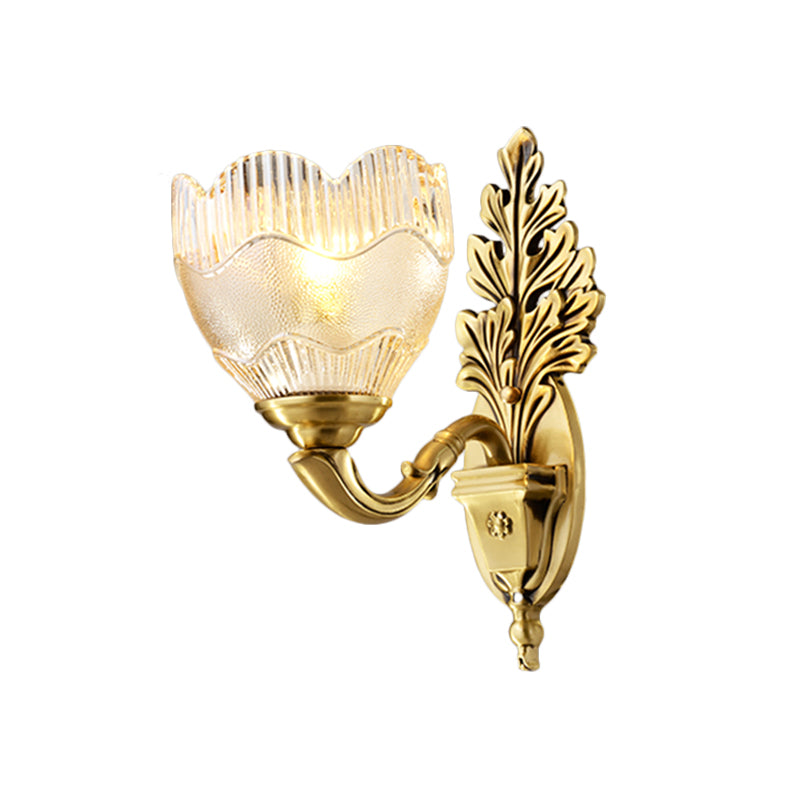 Antique Clear Ribbed Glass Flower Bud Wall Sconce With Gold Finish - Elegant Lighting Idea