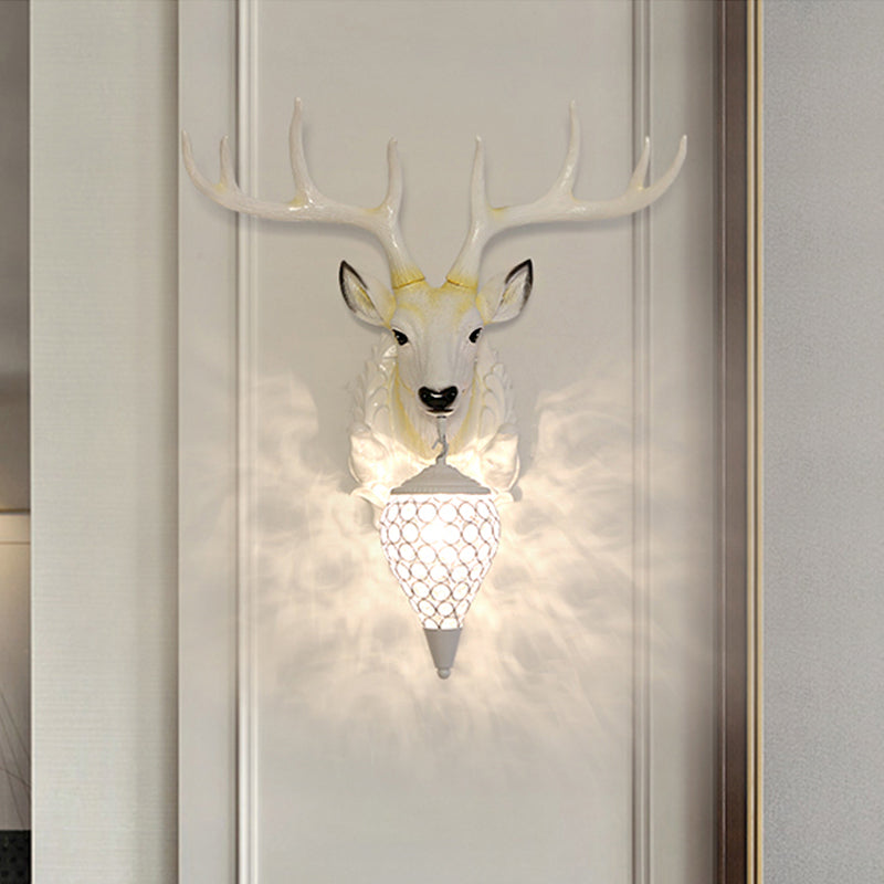 White Deer Head Beveled Crystal Wall Lamp - Country Oval Mount With Single Light