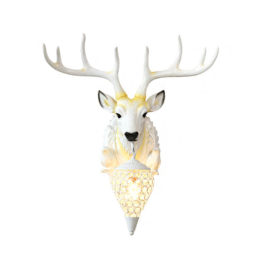 White Deer Head Beveled Crystal Wall Lamp - Country Oval Mount With Single Light